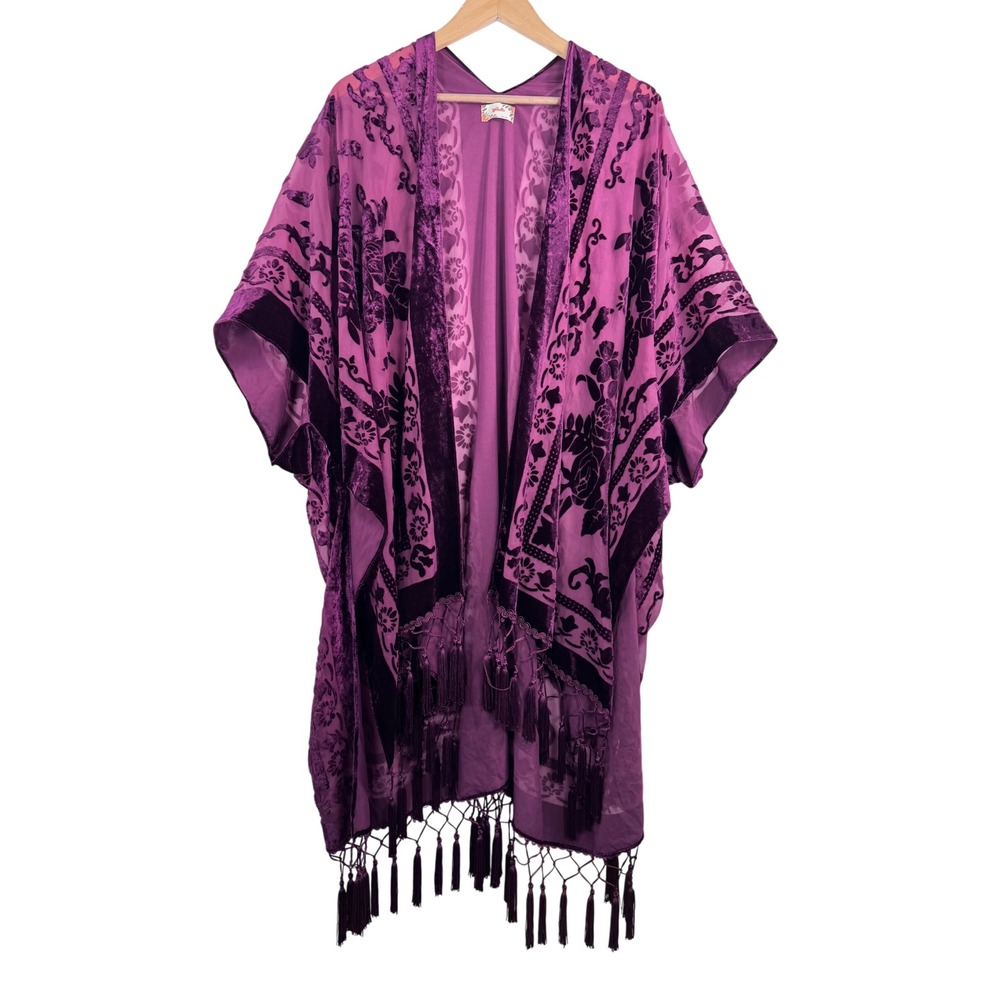 Wehello Purple Burnout Velvet Floral Kimono Tassel Fringe‎ duster boho western